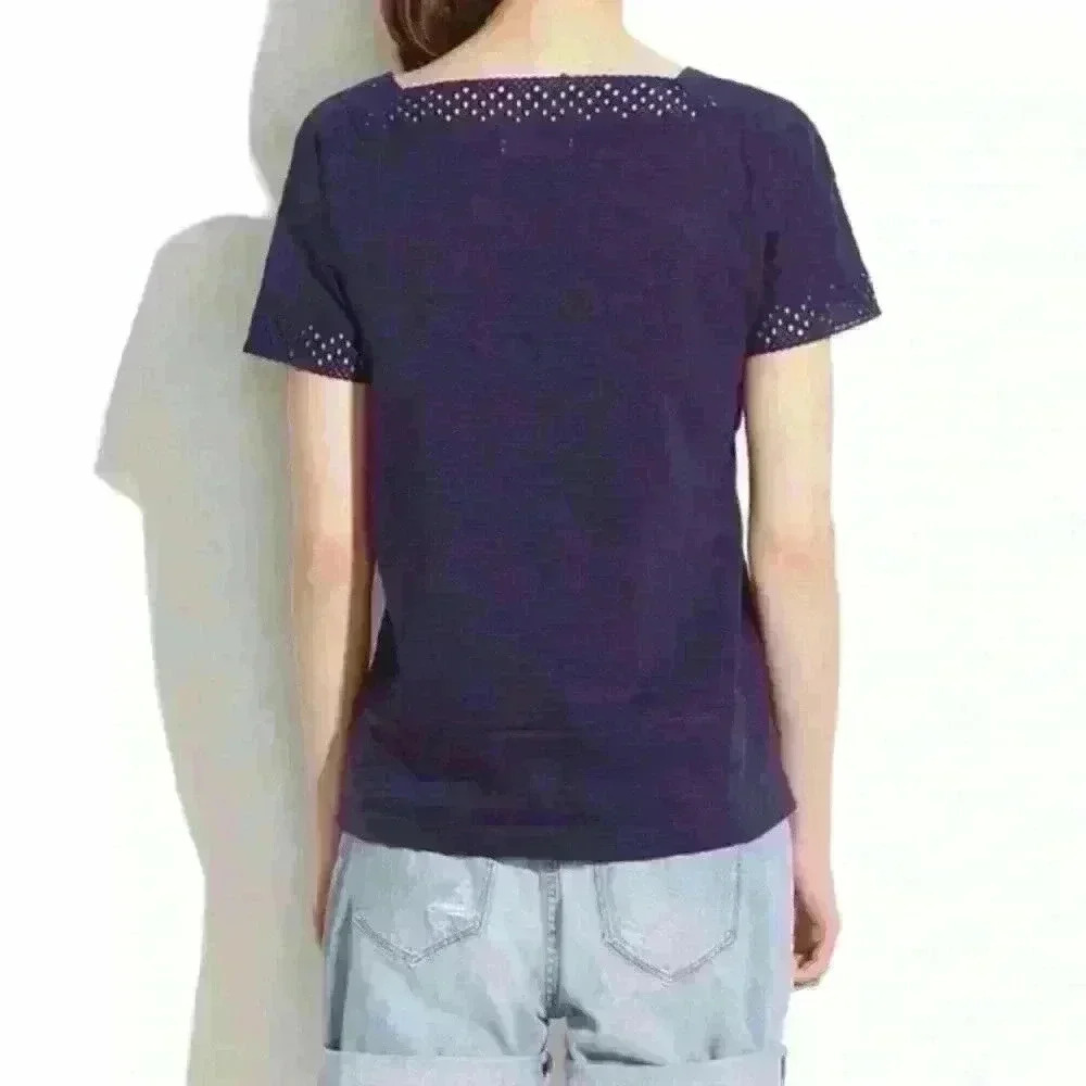 Madewell Navy Blue Eyelet Inset VIGNETTE Shirt Women's top size XS​ - Picture 2 of 9
